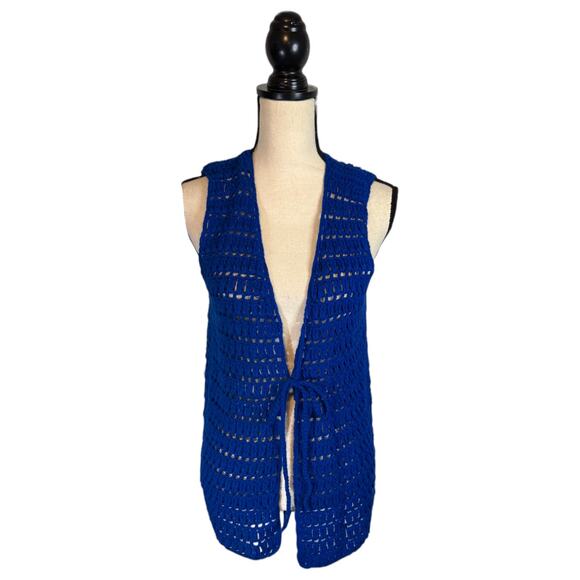 VTG Full Fashioned Designed For Gals Blue Crochet Vest Tie Front Women's Size 38 - Picture 2 of 6